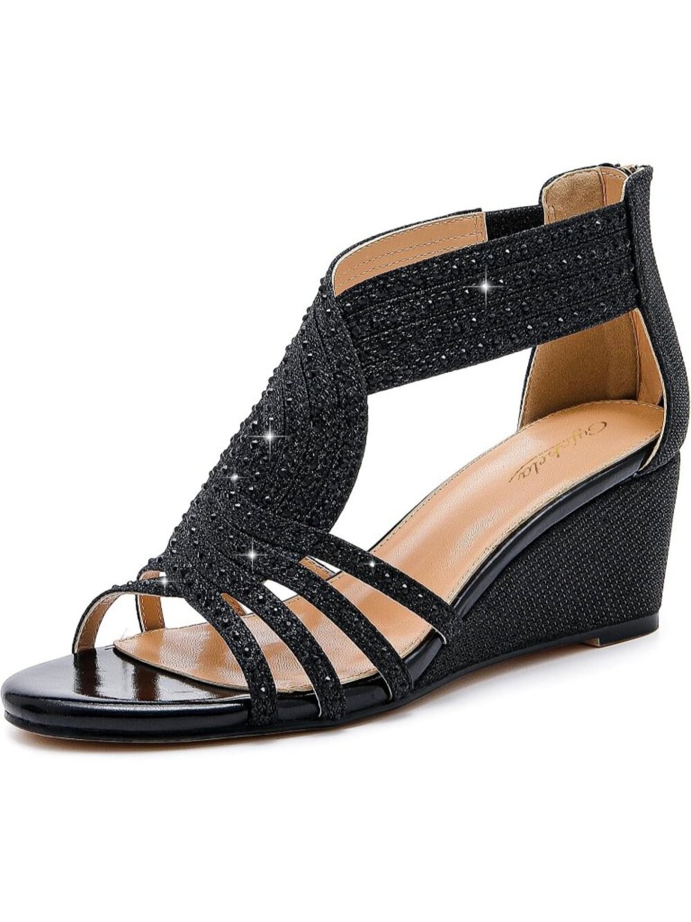 Women's Black Sparkly Rhinestone Wedge Sandals Dressy Wedding Party Zipper Shoes